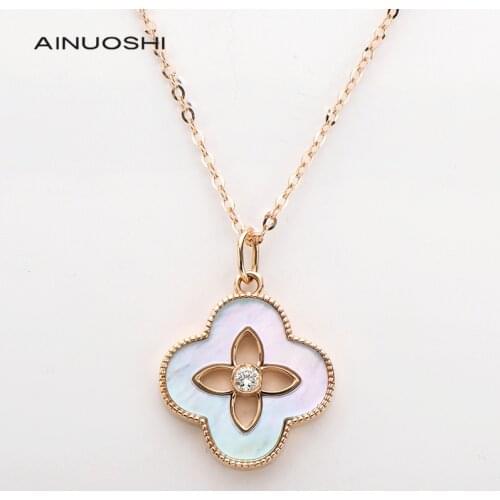 AINUOSHI 18K Rose Gold 0.032ct Real Diamond Clover Mother-Of-Pearl Classic Pendant Necklace For Women Wedding Charm Jewelry 18
