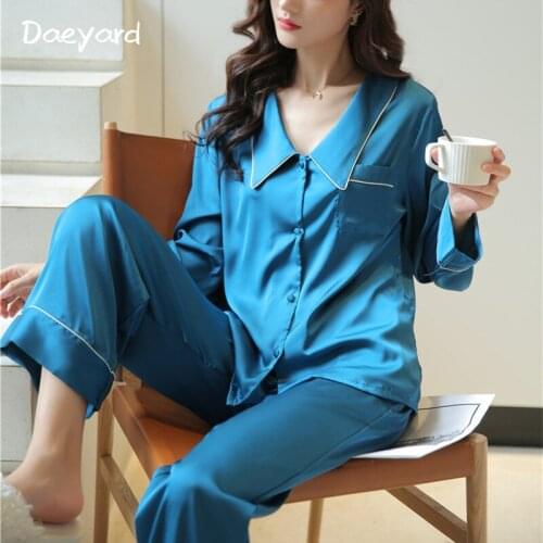 Daeyard Spring Autumn Long Sleeve Daily Wear Sexy Ice Silk Pajama Set Ladies Luxury Two-piece Home Suit Casual Loose Pijama