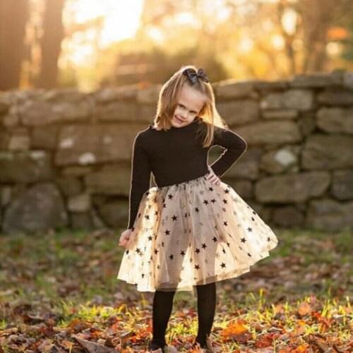 Baby Spring Autumn Dress Kids Baby Girls Clothes Lace Stars Princess Tulle Party Pageant Dresses Long Sleeve Gown Size 2-7Y