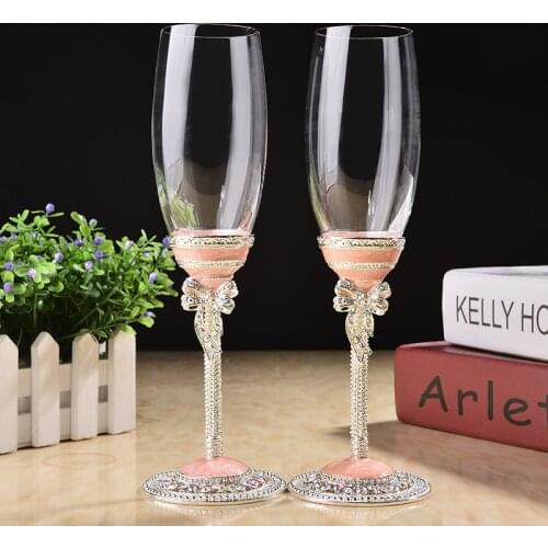 Creative gift art craft white pink wedding glasses champagne red wine bride groom crystal enamel cup party decor Toasting Goblet