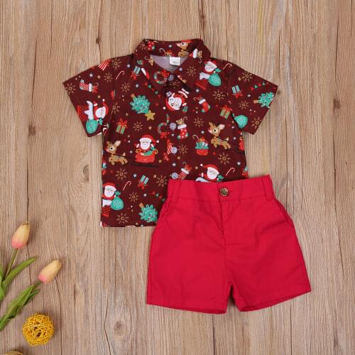 Summer Children’s Boys 2-piece Suit Solid Color Short Pants +Christmas Themed Print Short Sleeve Tops Casual Suit