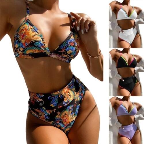 Meihuida 2021 New Women Sexy 2 Piece Bikini Sets Color Stripe Edge Decor Triangle Bra High Waist Tankini Swimwear Bikinis