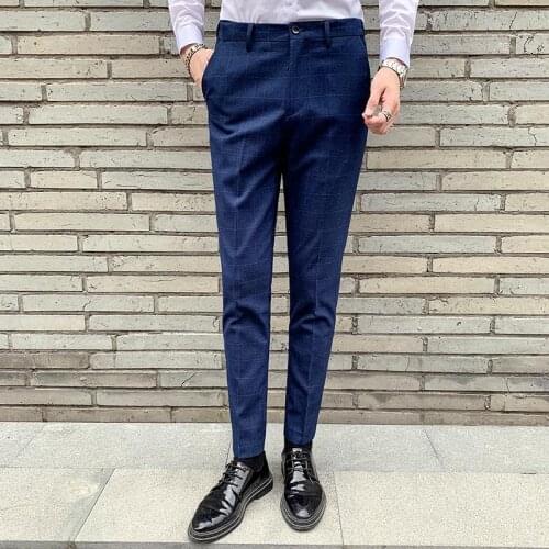 Mens Plaid Dress Pants Flat-Front Skinny Windowpane Blue Prom Trousers Men Slim Fit Trousers Slim Fit Casual Work Solid Pant