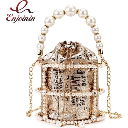 Luxury Pearl Handle Diamond Metal Female Party Clutch Evening Bag Fashion Bucket Purses and Handbags Fashion Designer Bag
