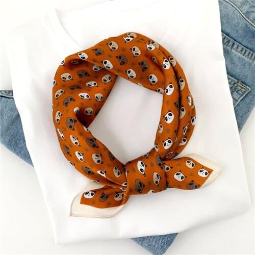 100% Pure Silk Scarf Square Neck Panda Print Hairband Small Foulard Female Bandana Women Neckerchief 53x53cm 2021 New
