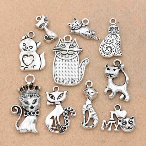 Mix Tibetan Silver Plated Cat Charms Pendants Jewelry Making Necklace Accessories Bracelet Handmade Crafts 10pcs/lot