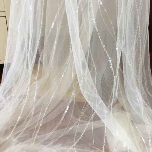 1 Yard Stripe Beaded Birdal Tulle Lace Fabric in Ivory with Clear Sequin for Bridal Veil Cape Wedding Gown Overlay 130cm Wide