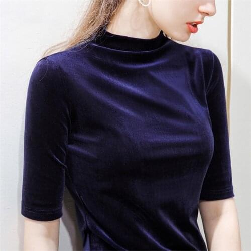 Women Velvet Clothes Elegant Turtleneck Half Sleeve Shirt Solid Women Office Work Shirt Female Casual Slim Tops Plus Size S-7XL