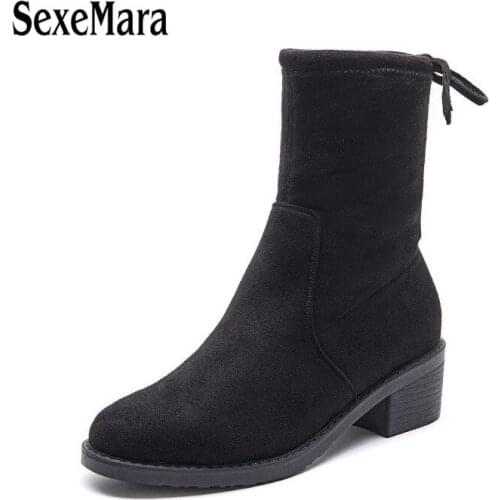 Autumn Winter Women Boots Pointed Toe Stretch Fabric Mid-Calf Boots Thick Heel Shoes Woman Female Socks Boots Big Size 34-43