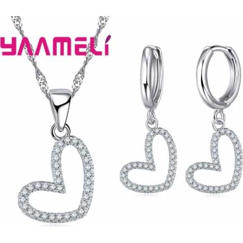 Cut Romantic Heart 925 Sterling Silver Brides Sets Pendant White Color Long Chain for Women Necklace & Earring Jewelry