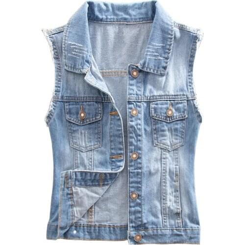 5XL Casual Hole Denim Waistcoat For Women Turn-down Collar Slim Jean Jacket Female Large Size Sleeveless Denim Vest Veste Femme