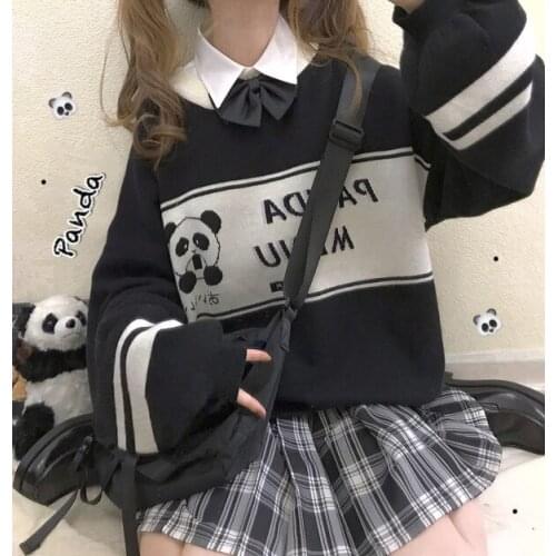 Panda Convenient Store Winter Womens Knittd Sweater Warm O-neck Long Sleeve Pullovers Sweet Cute Black & Yellow