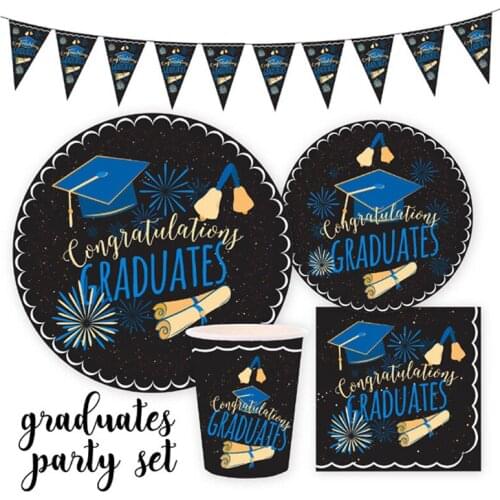 2021 Congratulation Graduation Party Decoration Blue Black Disposable Dining Tableware Paper Cup Banner Graduated Supplies