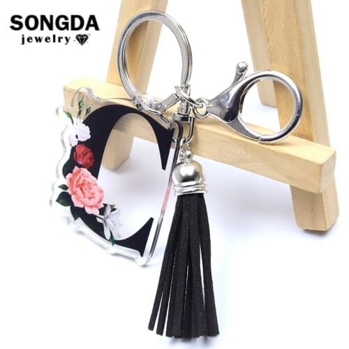 26 Letter Initial Alphabet Petal Pattern Acrylic Tassel Keychain Keyring Trendy Key Holder Bag Pendant Teens Unisex Accessories