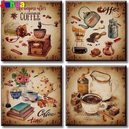 4 Piece Retro Coffee Bean Diy Diamond Painting Cross Stitch Kits Diamond Embroidery Gift Mosaic Pattern Picture Home decor
