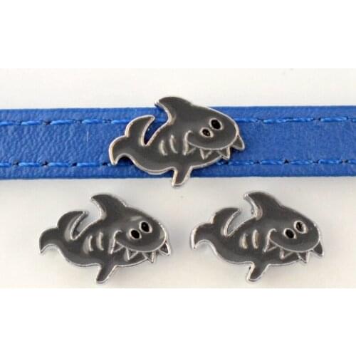 8mm Grey Shark Fish Slide Charms Flat Hole Metal Beads Keeper Fit 8mm Stainless Steel Mesh Bracelets DIY Jewelry Making