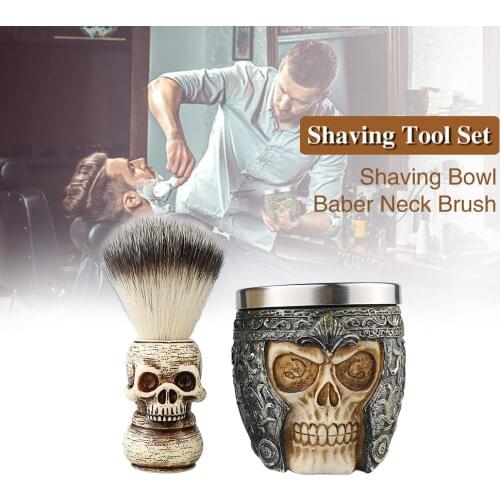 Men Facial Shaving Soap Bowl Beard Brush Set Beard Cleaning Tools Barber Accessories Skull Design Shaving Soap Bowl Beard Brush