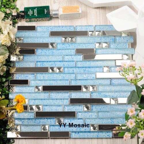 Long Strip Bright Blue Sweet Pink Glass Silver Mirror mix Stainless Steel Metal Mosaic Tile Clean Fresh Style Kids Girls Room
