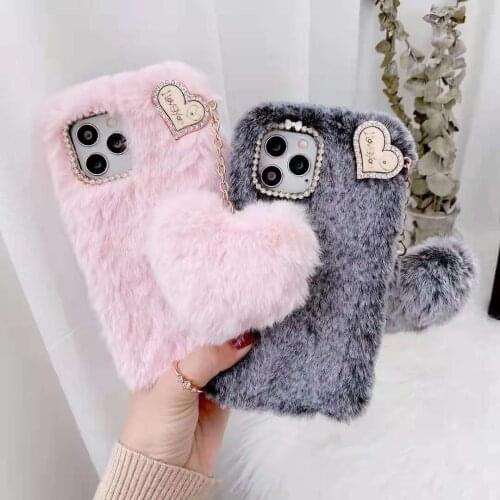For iPhone 7 7plus 8 8plus 11 12 Mini Pro X XR XS Max Luxury Love Diamond Lens Warm Furry Heart Pompom Phone Case Back Cover