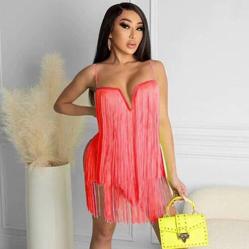 Fluorescent Green Tassels Patchwork Beach Dress for Women Spaghetti Strap Little Cleavage Vestido Summer Backless Party Dress