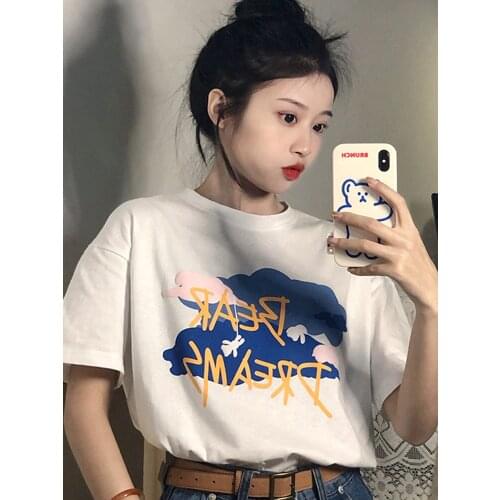 Graphic T Shirts Printed Short-sleeved T-shirt Womens Trendy Summer New Wild Loose Design Niche White Top