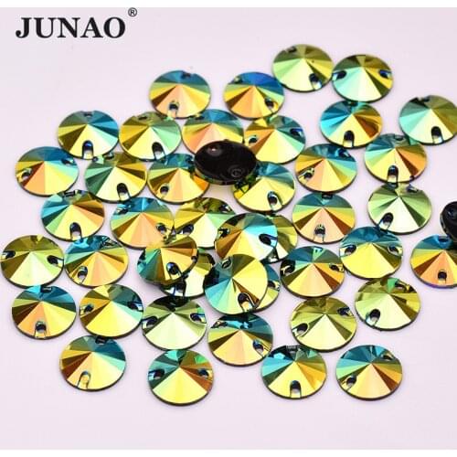 JUNAO 10 12 16 18mm Yellow AB Sewn Rivoli Rhinestones Sew On Resin Strass Crystal Flatback Diamond Stones For Jewelry Clothes