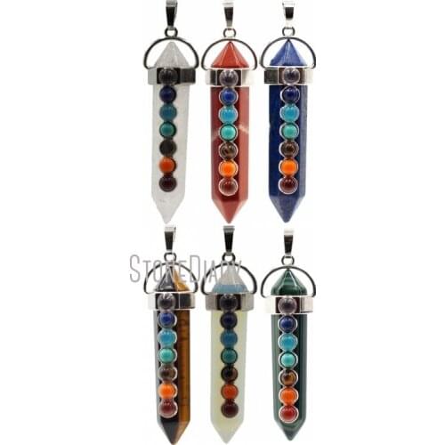 PM39528 Stone Chakra Stone Silver Pendant Chakra Pendant Silver Plated Stone 7 Chakra Hexagonal Prisms Point Pendant