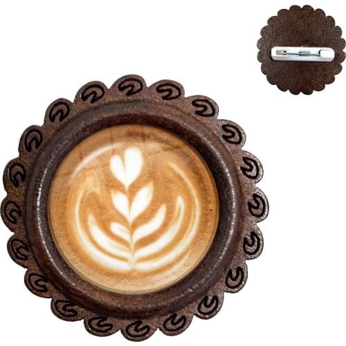 Coffee Latte Carving Love Heart Art 20mm Glass Cabochon Wood Brooches Chocolate Printing Four Leaf Clover Cat Charm Collar Pins