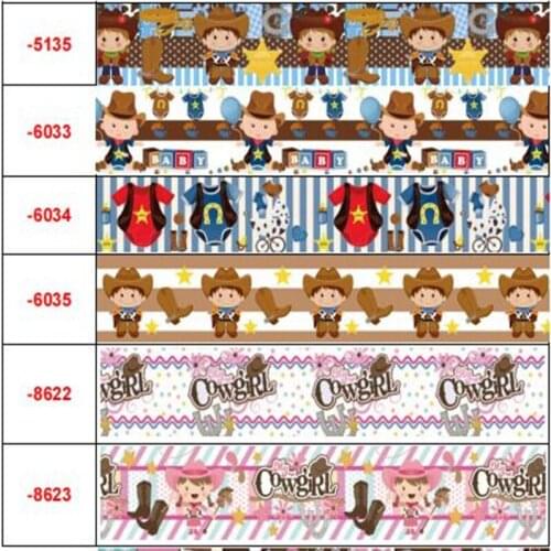 16mm-75mm Cartoon Cowgirl &Cowboy Printed Grosgrain Ribbon For Handmade Bow Elastic Band For Party Gift Wrapping 50Yards