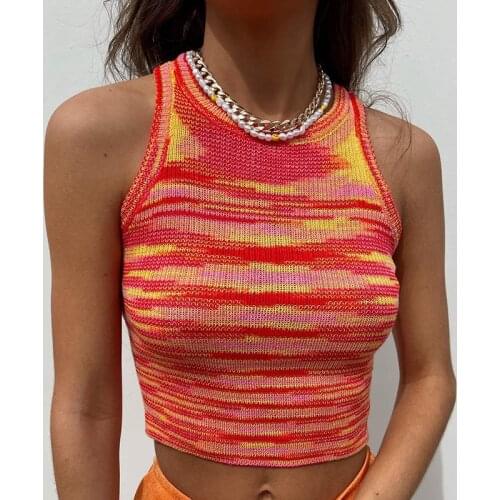 Sexy Female Knitted Mini Vest Fashion Tie Dye Striped Tank Top Sleevless Slim Fit Cropped Chic Women Streetwear Summer Clothes