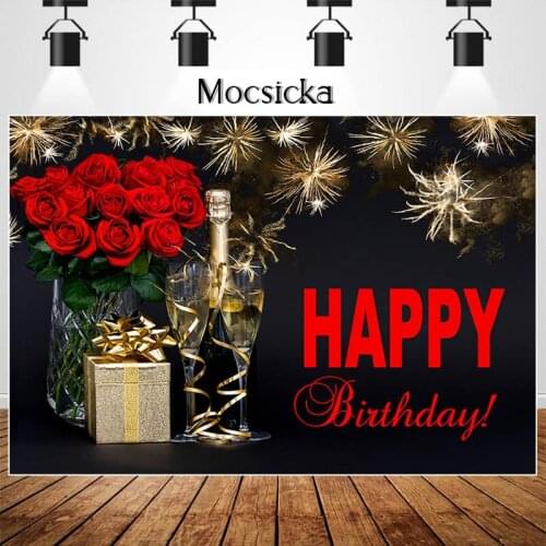 Mocsicka Happy Birthday Backdrop Red Rose Champagne Fireworks Decor Banner Props Customize Birthday Party Photography Background