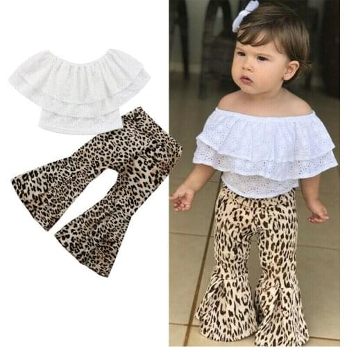 Hot Fashion 2Pcs Kids Baby Girl Clothes Lace Floral Tops T shirt Leopard Flares Pants Outfits Set