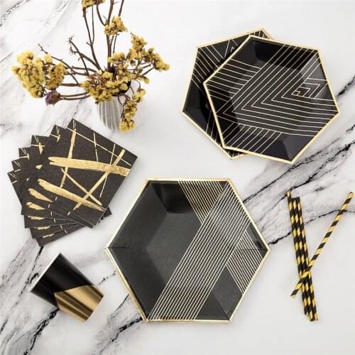 Black Gold Foil Disposable Tableware Party Paper Plates Paper Tableware Golden Balloon Party Baby Shower Birthday Party Supplies