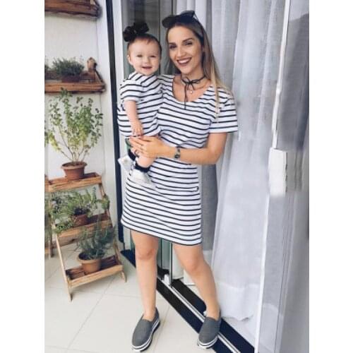 Family Striped Print T-Shirt Dress Short Sleeve Casual O Neck Mini Dress Mommy And Me Clothes Family Matching Outfit Summer