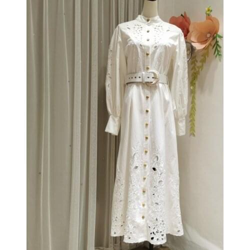 TVVOVVIN Korean Spring Fashion Hollow Out Embroidery Dress French Bubble Sleeve Stand Collar Sashes Long Dress 5DM5