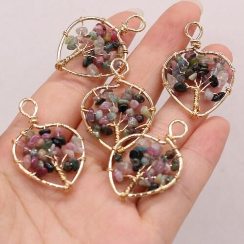 Natural Stone Gem Heart Shaped Gold Wire Indian Agate Tree Pendant DIY Retro Necklace Sweater Earrings Chain Jewelry Gift Make