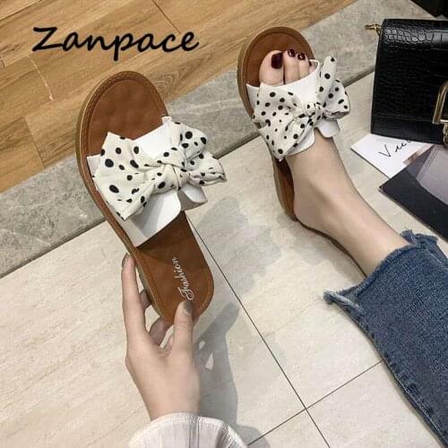 ZANPACE 2020 Large Size 41 Womens Slides Butterfly-knot Leather Outdoor Slippers Women Non-slip Flat Sandals Beach Women Shoes