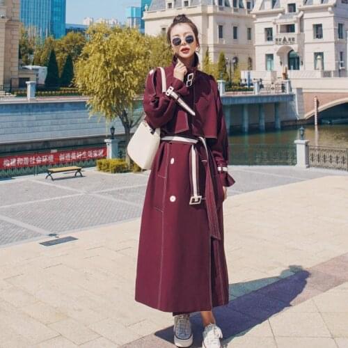 Trench Coat Woman Hit Color Lapel Collar Full Sleeve High Waist Slim Streetwear 2021 New Autumn Fashion Windbreaker Outerwear