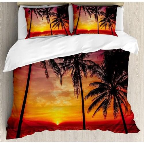 Tropical Decor Queen Size Duvet Cover Set by Ambesonne Sunset Tropical Beach Palm Trees Peaceful Ocean Evening View Resort Decor