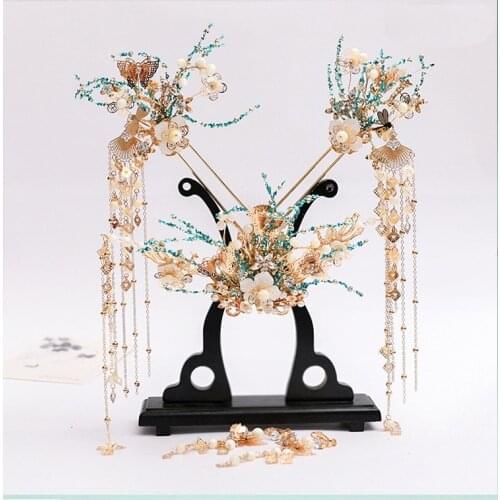 New Chinese Bridal Headwear Handmade Pearl Crystal Crown Long Tassel Hairpin Full Set Super Fairy Bride Wedding Hair Accessories