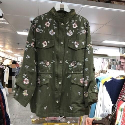 Women Bomber Jacket 2021 Autumn Denim Coat Ladies Embroidery Flowers Oversized Loose Female Army Green Jeans Jackets Out wear