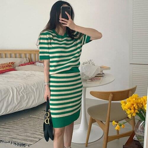 Casual Striped Womens Suit O-neck Short Sleeve Pullover Sweater + High waist Bodycon Skirt Two Piece Set Women Korean Chic