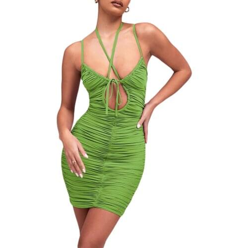 Women’s Halter Mini Dress Sleeveless Spaghetti Strap Tie Up Ruched Bodycon Dress ladies Sexy Hollow Out Mini Dress
