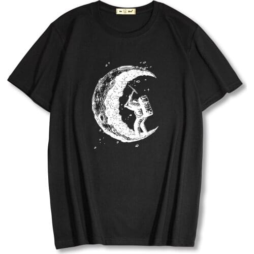 2021 Summer 100% Cotton Mens T-shirt Funny Digging The Moon Print Mens O-neck T shirts Tops Tee Fashion Mens Clothing