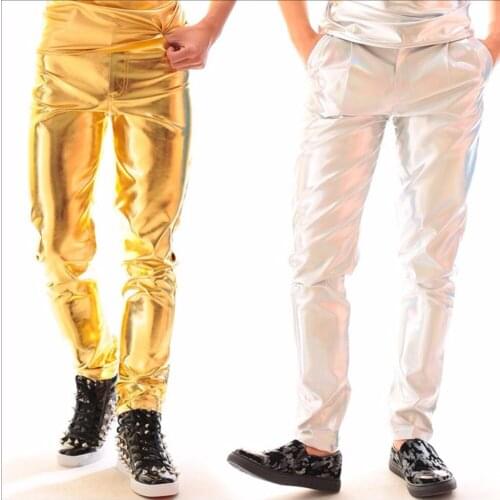 27-40 New Men Skinny Faux Pu Leather Pants Silver Gold Laser Pants Trousers Nightclub Bar Dj Fashion Stage Singer Dancer Costume