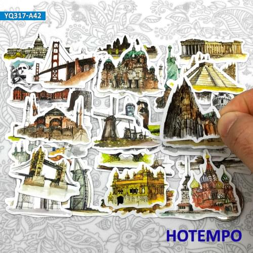 42pcs Place of Interest Hand Drawing Style Travel Diary Stickers for Stationery Mobile Phone Laptop Case Attractions Art Sticker