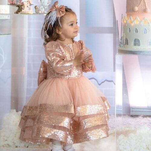 Sparkly Ball Gown Flower Girl Dresses Fow wedding Tea Length Kid Birthday Long Sleeve Girls Prom Celebration Dresses With Sequin