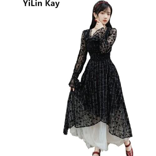 2020 New French retro fashion womens dresses Black flocking flower Party Long Maxi Dresses