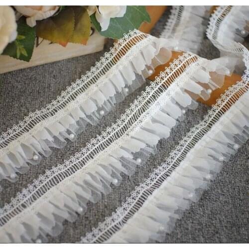 2Meters Double Layers Pleated Lace Trim pearls Beaded Lace Fabrics Dress Sewing Accessories Curtains Garments Decor Black White