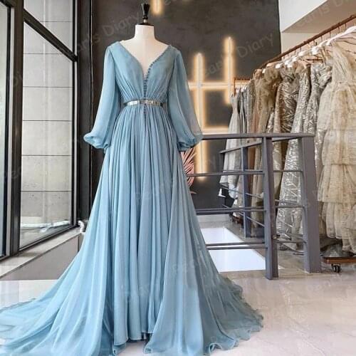 Elegant Long Sleeve Arabic Evening Gowns Dubai Blue Formal Party Dresses for Women V-Neck Buttons Wedding Guest Dress Plus Size